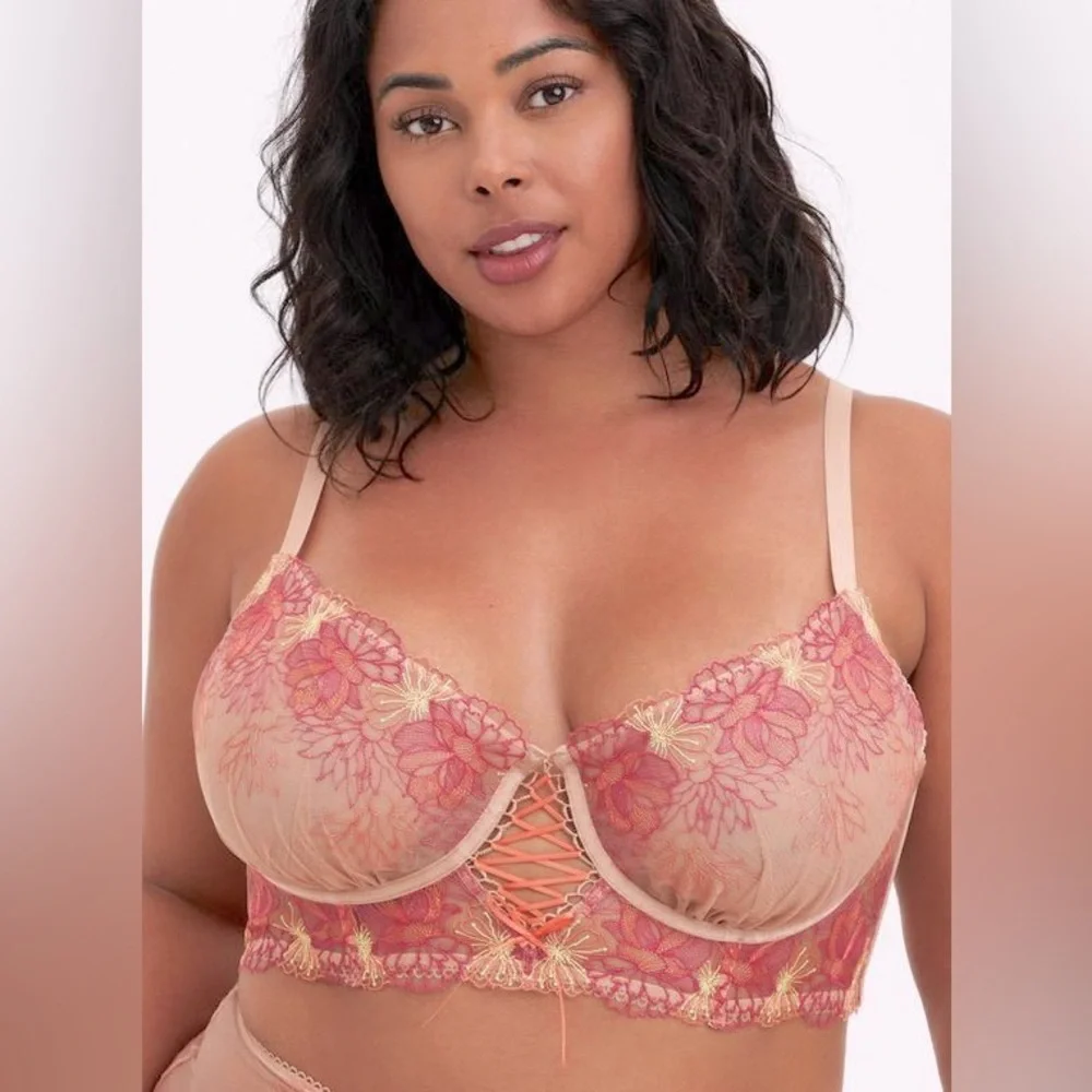 Torrid Floral Mesh Embroidered Bra - Pink and Gold - Picture 2 of 6